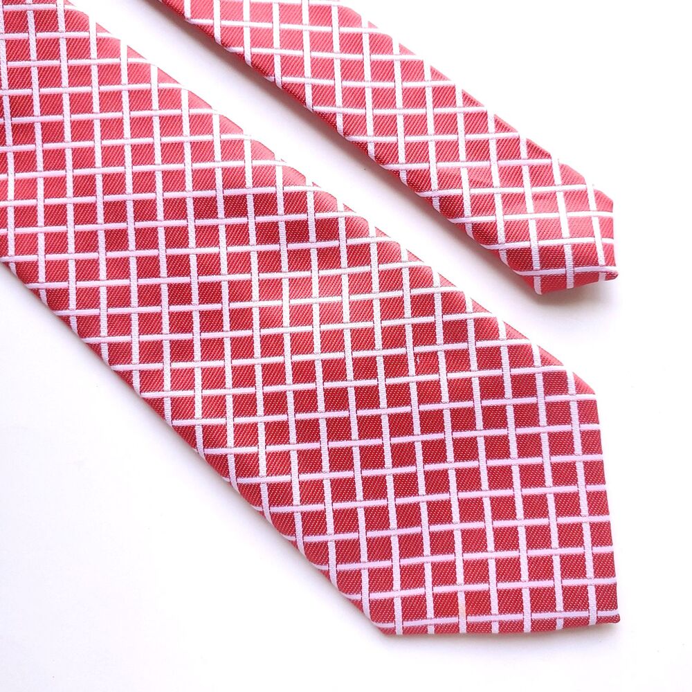 VTG Georgio Armani Silk Tie Red White Basketweave Plaid Check 58 x 4" Italy